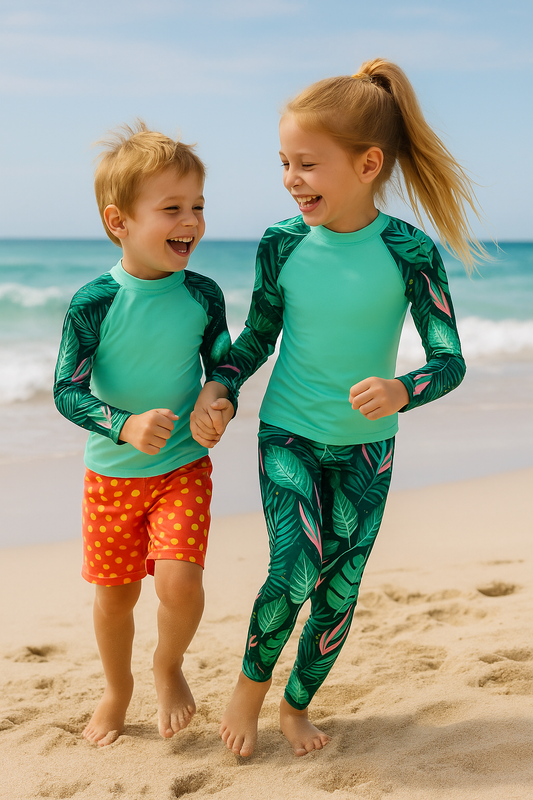 Kids Tropical Leaf Rash Guard – Matching Family Swim Shirt with UV Protection
