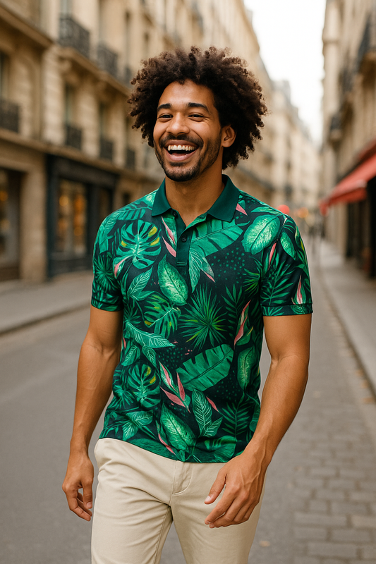 Slim Fit Tropical Leaf Men Polo Shirt – Stylish Matching Family Vacation Outfit