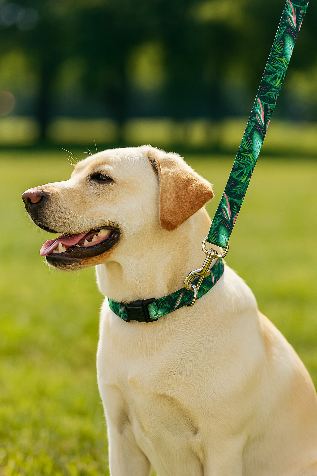 Tropical Leaf Dog Leash & Collar Set – Jungle Print for Stylish Pups